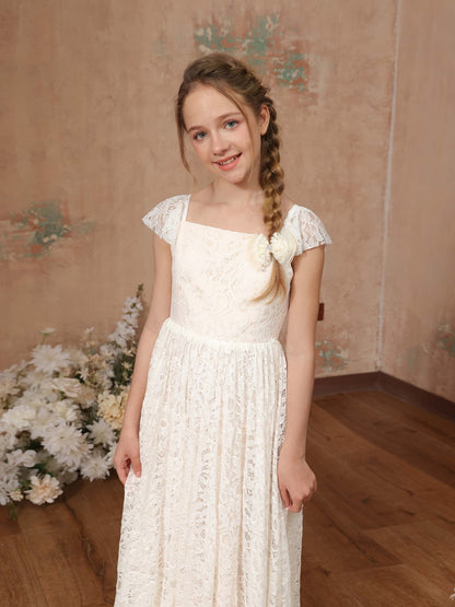 A-Line/Princess Lace Short Sleeves Square Neck Floor-Length Flower Girl Dresses