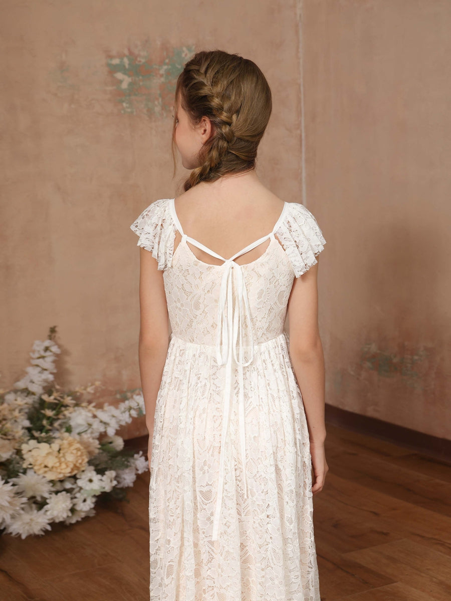 A-Line/Princess Lace Short Sleeves Square Neck Floor-Length Flower Girl Dresses