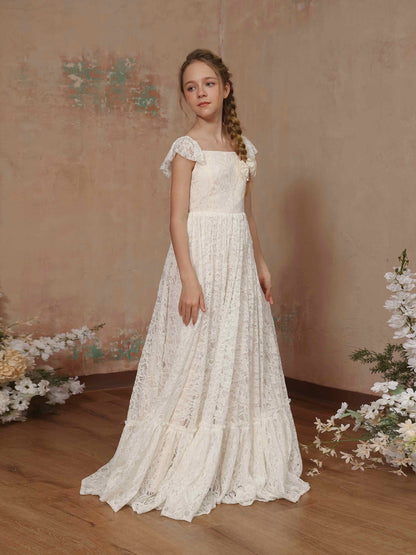 A-Line/Princess Lace Short Sleeves Square Neck Floor-Length Flower Girl Dresses