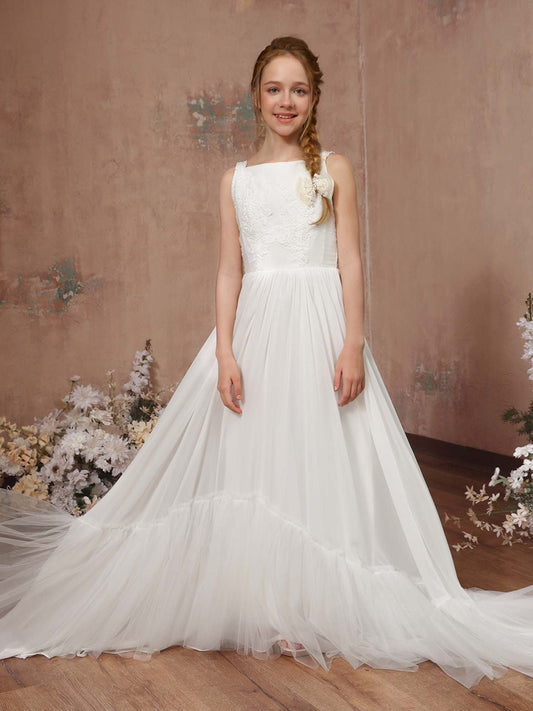 A-Line/Princess Tulle Sleeveless Square Neck Floor-Length Flower Girl Dresses