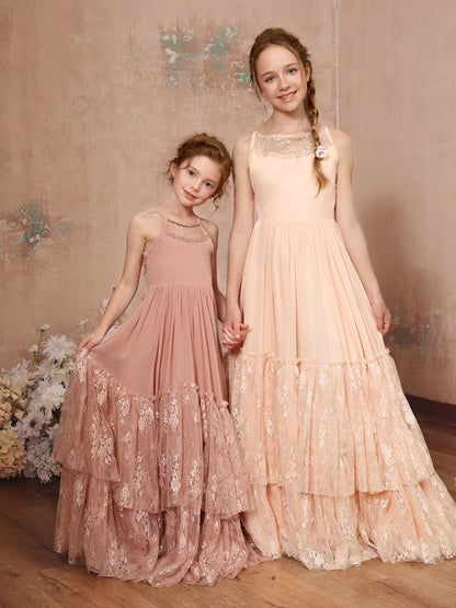 A-Line/Princess Lace Chiffon Sleeveless Scoop Neck Floor-Length Junior Bridesmaid Dresses