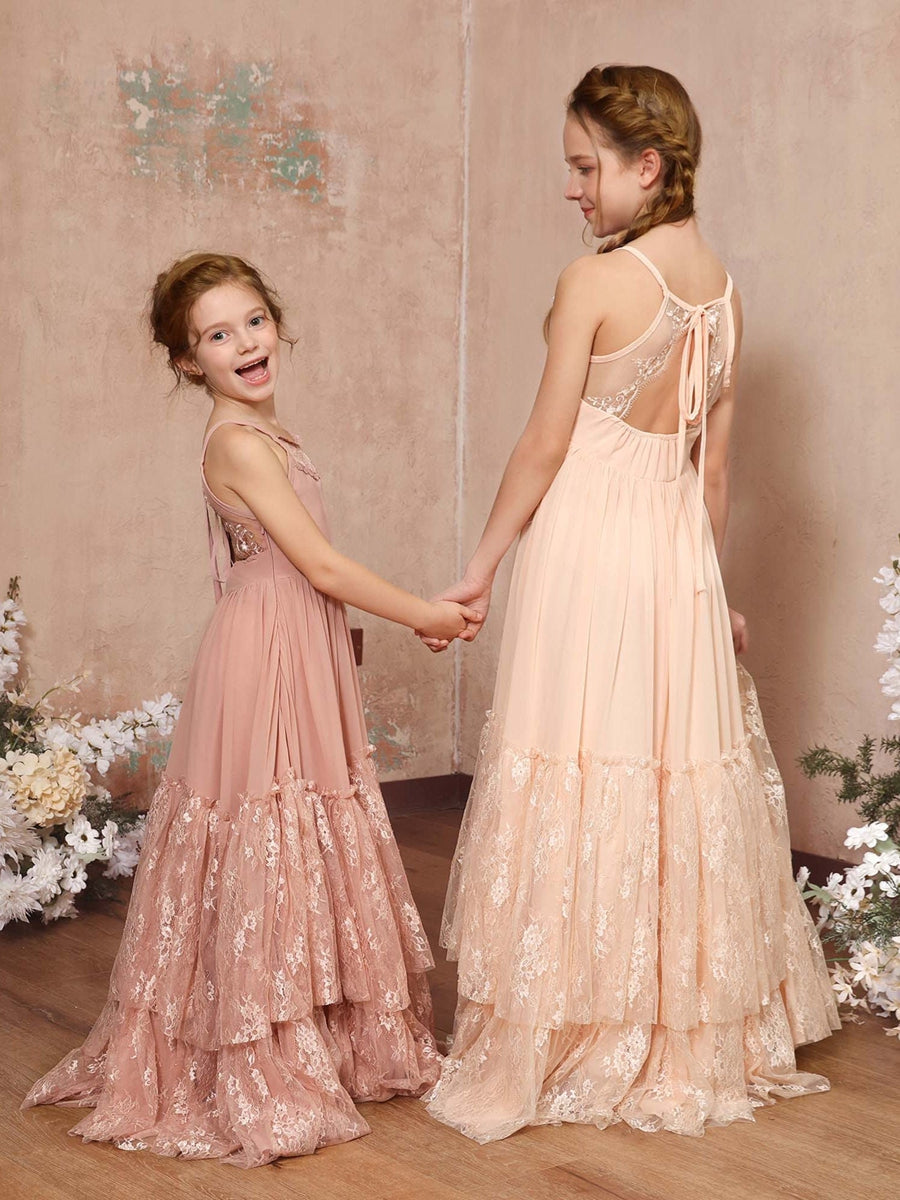 A-Line/Princess Lace Chiffon Sleeveless Scoop Neck Floor-Length Junior Bridesmaid Dresses