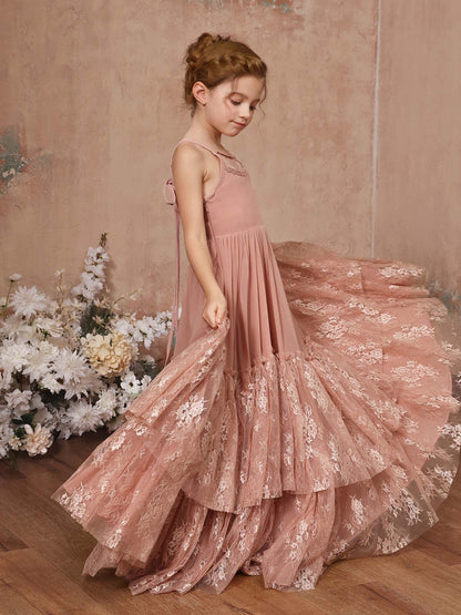 A-Line/Princess Lace Chiffon Sleeveless Scoop Neck Floor-Length Junior Bridesmaid Dresses