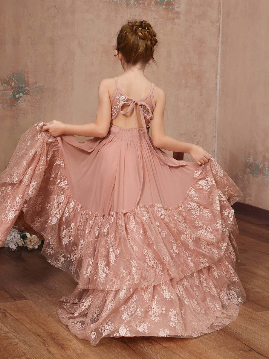 A-Line/Princess Lace Chiffon Sleeveless Scoop Neck Floor-Length Junior Bridesmaid Dresses