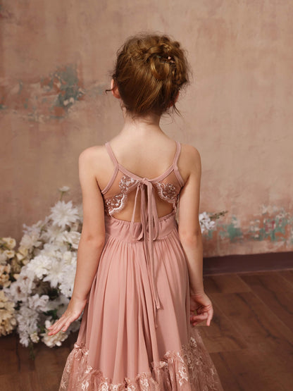 A-Line/Princess Lace Chiffon Sleeveless Scoop Neck Floor-Length Junior Bridesmaid Dresses