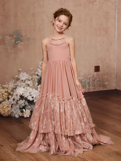 A-Line/Princess Lace Chiffon Sleeveless Scoop Neck Floor-Length Junior Bridesmaid Dresses