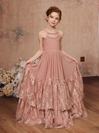 A-Line/Princess Lace Chiffon Sleeveless Scoop Neck Floor-Length Junior Bridesmaid Dresses