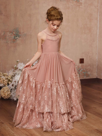 A-Line/Princess Lace Chiffon Sleeveless Scoop Neck Floor-Length Junior Bridesmaid Dresses