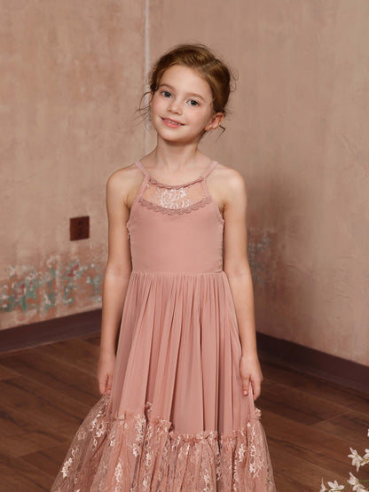 A-Line/Princess Lace Chiffon Sleeveless Scoop Neck Floor-Length Junior Bridesmaid Dresses