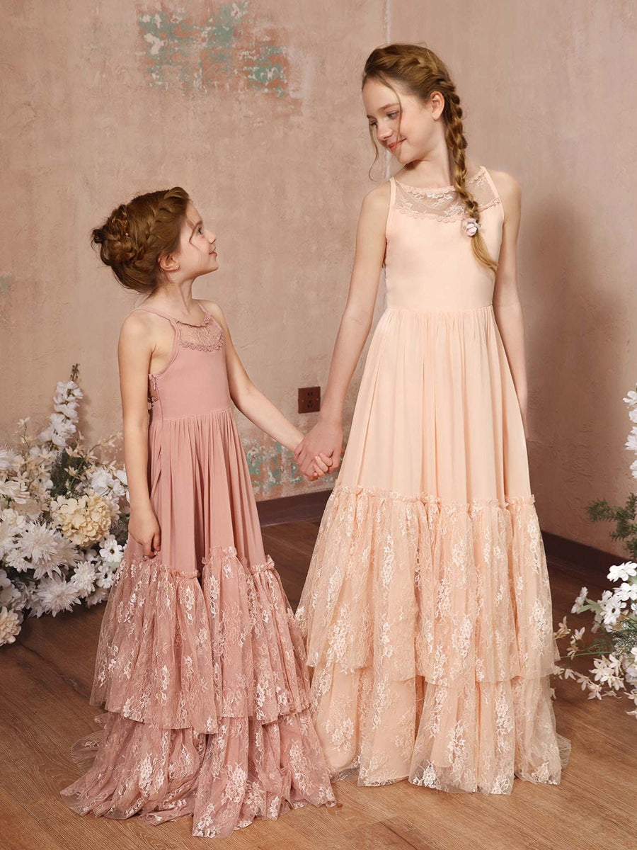 A-Line/Princess Lace Chiffon Sleeveless Scoop Neck Floor-Length Junior Bridesmaid Dresses