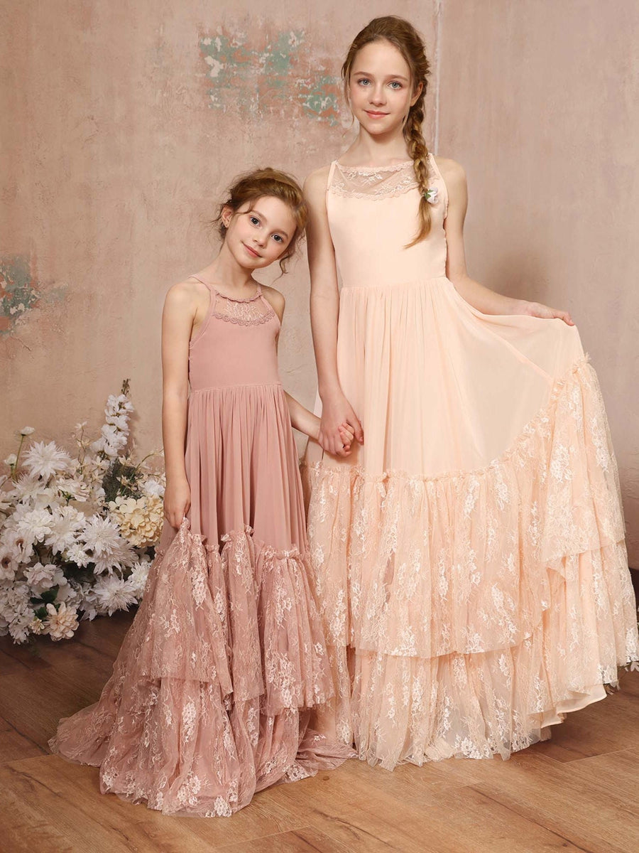 A-Line/Princess Lace Chiffon Sleeveless Scoop Neck Floor-Length Junior Bridesmaid Dresses