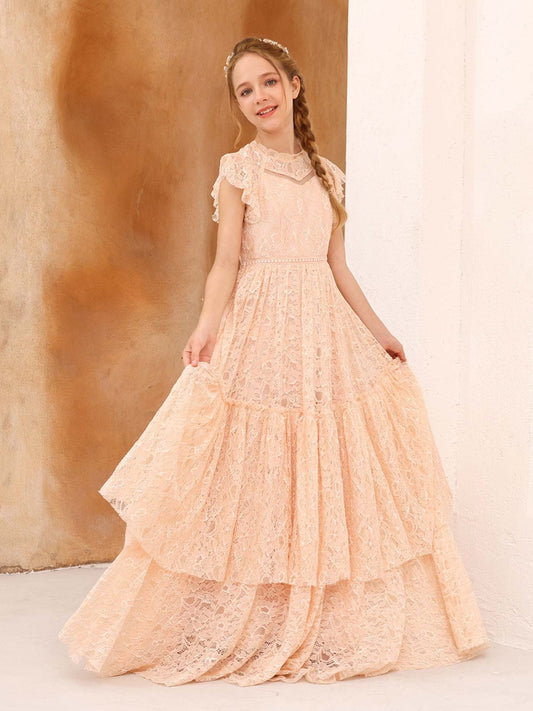 A-Line/Princess Lace Short Sleeves Scoop Neck Floor-Length Junior Bridesmaid Dresses