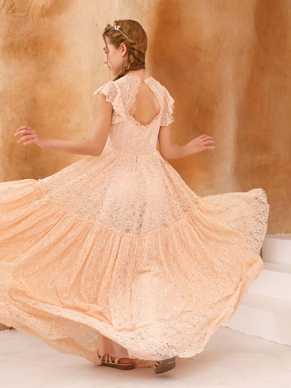 A-Line/Princess Lace Short Sleeves Scoop Neck Floor-Length Junior Bridesmaid Dresses