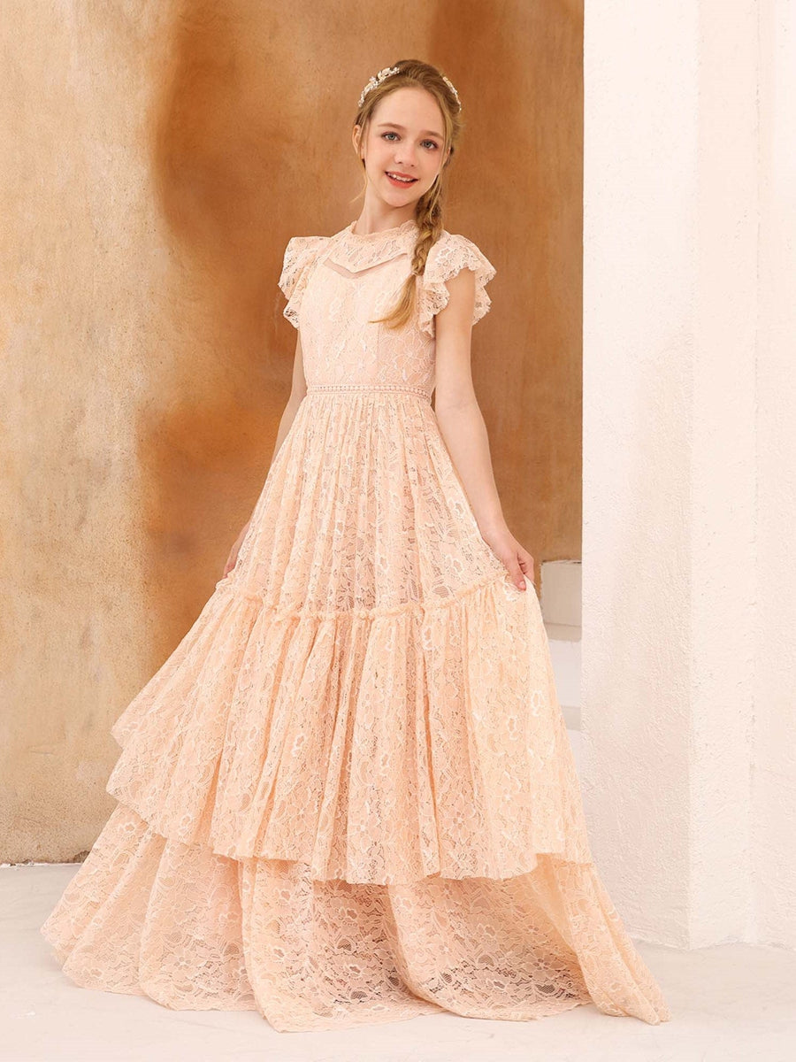 A-Line/Princess Lace Short Sleeves Scoop Neck Floor-Length Junior Bridesmaid Dresses