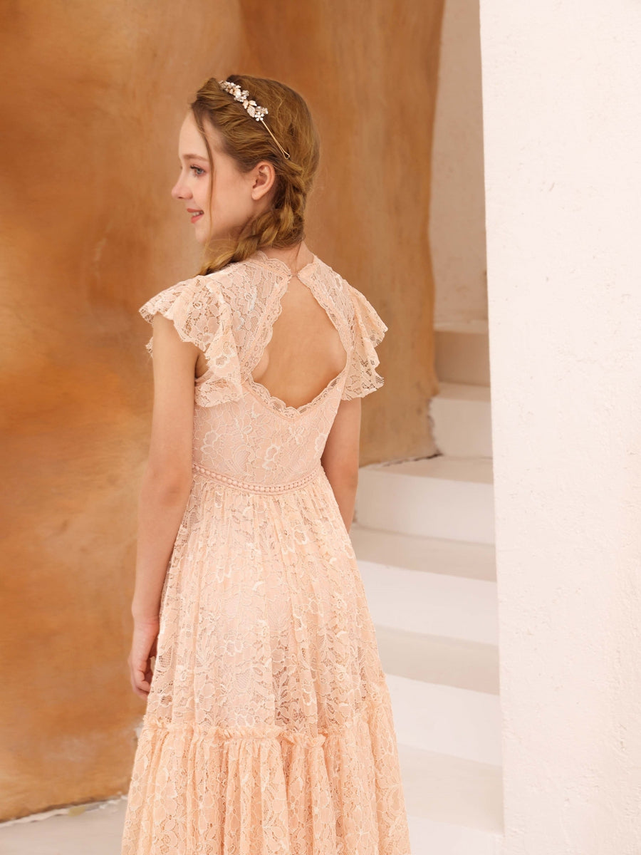 A-Line/Princess Lace Short Sleeves Scoop Neck Floor-Length Junior Bridesmaid Dresses