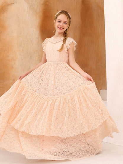 A-Line/Princess Lace Short Sleeves Scoop Neck Floor-Length Junior Bridesmaid Dresses