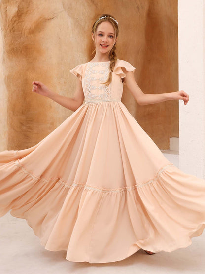 A-Line/Princess Short Sleeves Scoop Neck Floor-Length Junior Bridesmaid Dresses