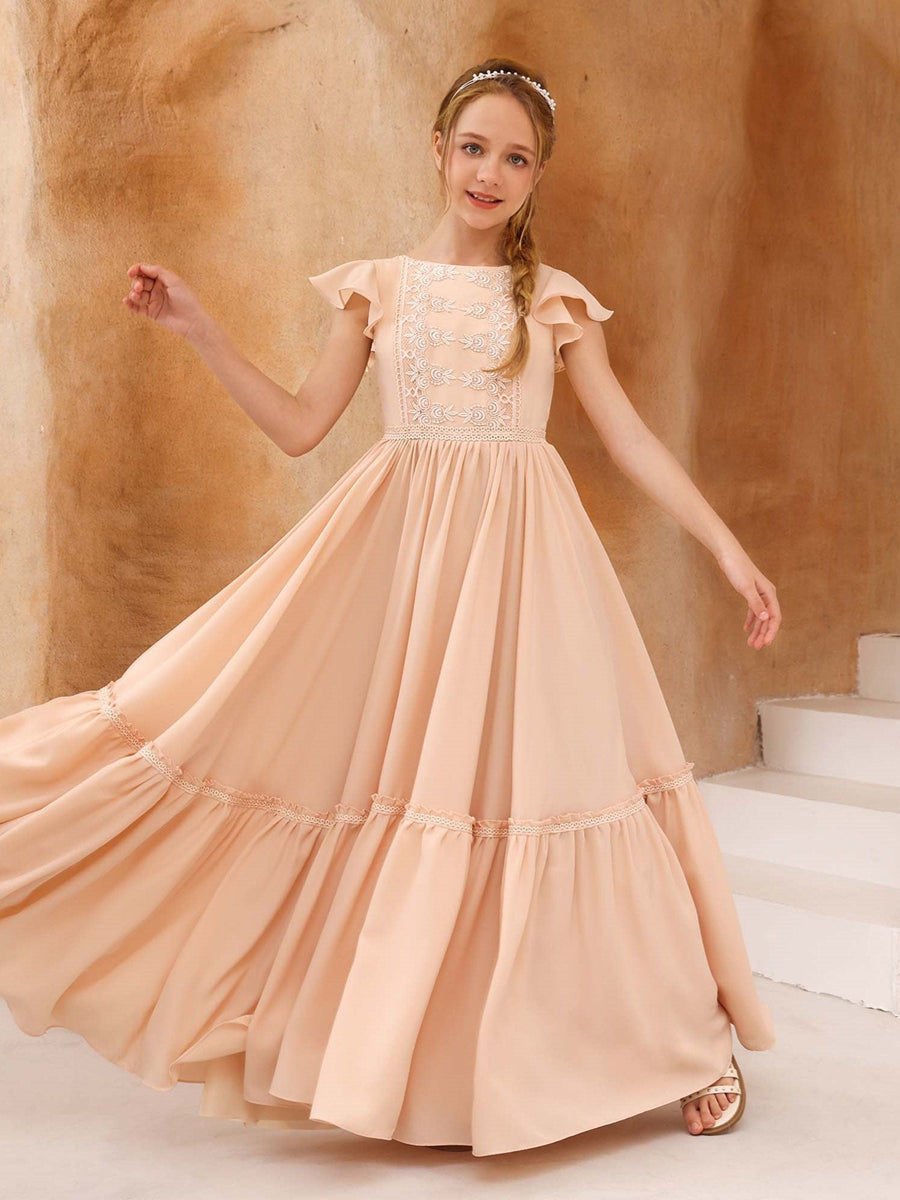 A-Line/Princess Short Sleeves Scoop Neck Floor-Length Junior Bridesmaid Dresses