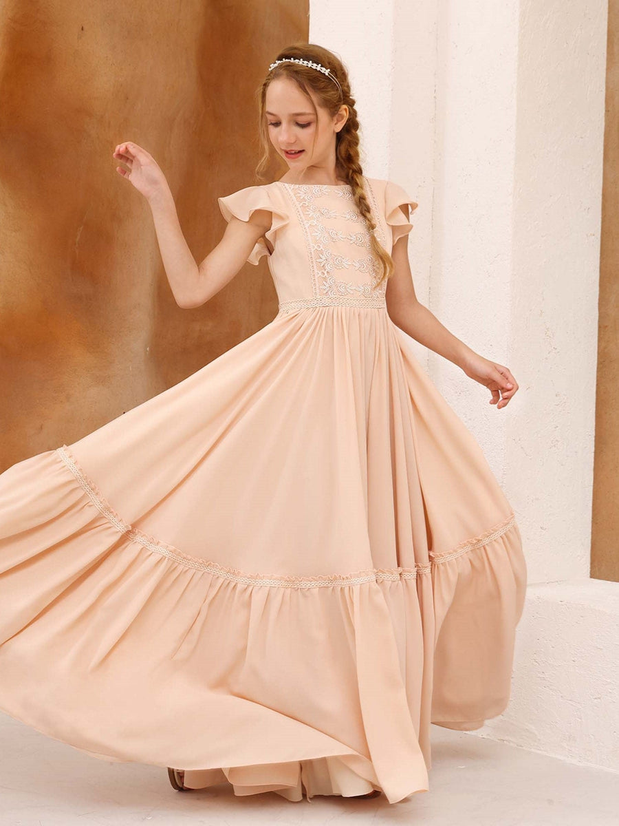 A-Line/Princess Short Sleeves Scoop Neck Floor-Length Junior Bridesmaid Dresses