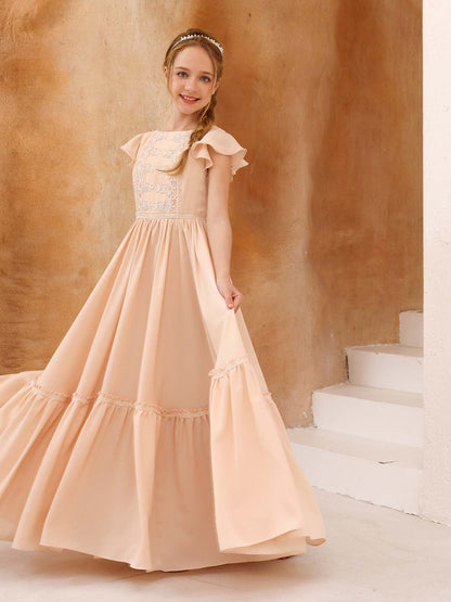 A-Line/Princess Short Sleeves Scoop Neck Floor-Length Junior Bridesmaid Dresses