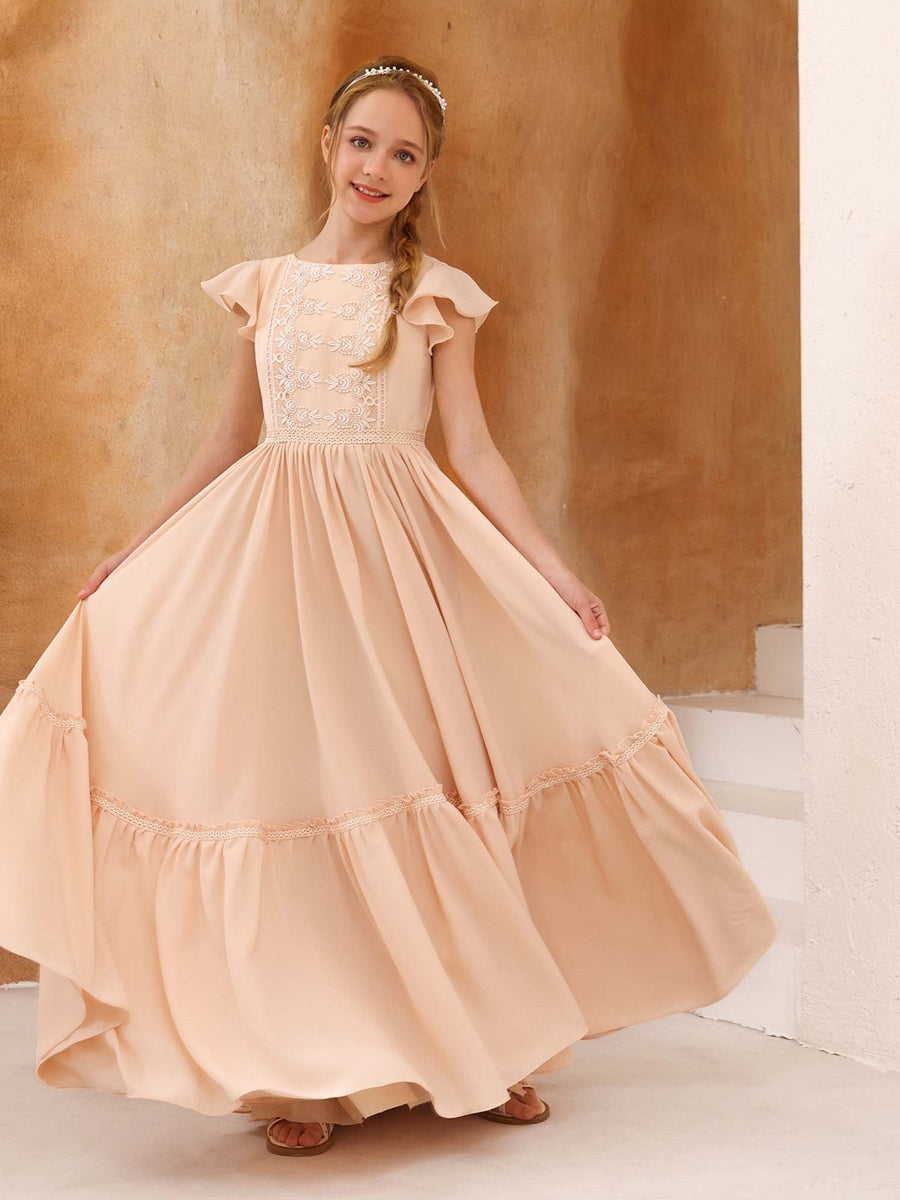 A-Line/Princess Short Sleeves Scoop Neck Floor-Length Junior Bridesmaid Dresses