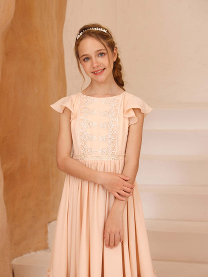 A-Line/Princess Short Sleeves Scoop Neck Floor-Length Junior Bridesmaid Dresses