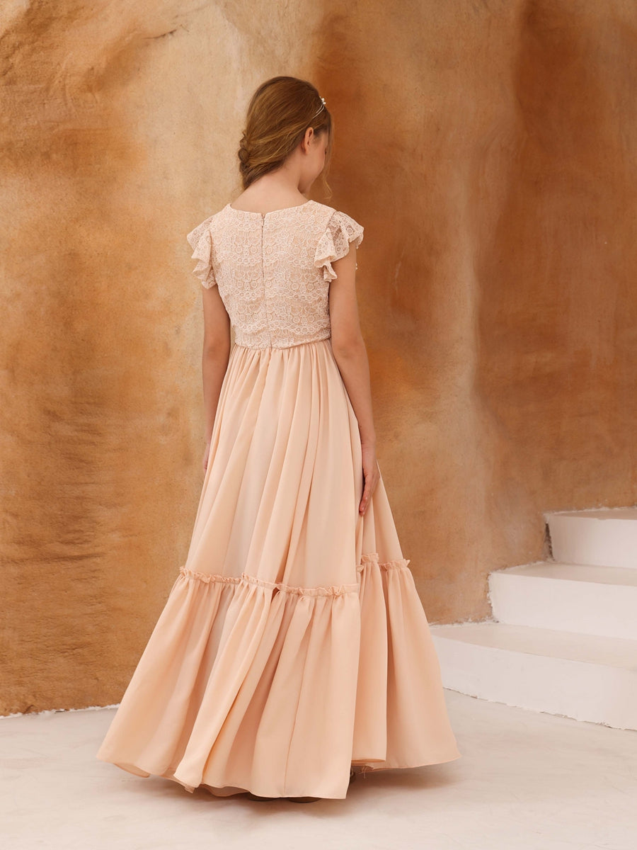 A-Line/Princess Lace Short Sleeves Scoop Neck Floor-Length Junior Bridesmaid Dresses