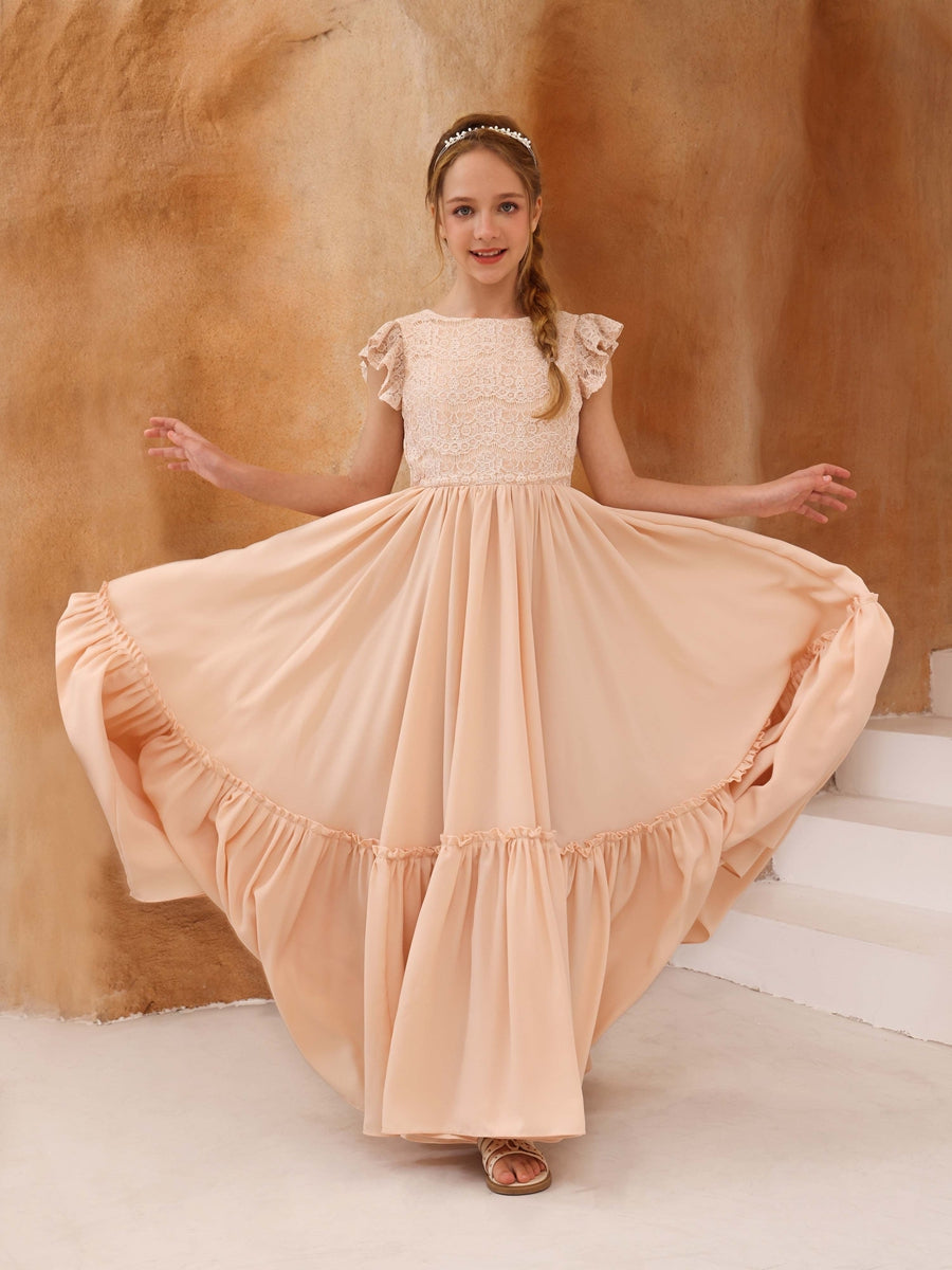 A-Line/Princess Lace Short Sleeves Scoop Neck Floor-Length Junior Bridesmaid Dresses