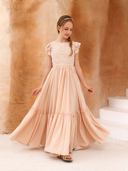 A-Line/Princess Lace Short Sleeves Scoop Neck Floor-Length Junior Bridesmaid Dresses