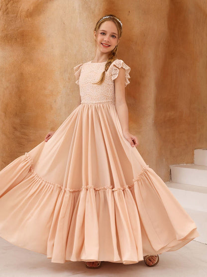 A-Line/Princess Lace Short Sleeves Scoop Neck Floor-Length Junior Bridesmaid Dresses