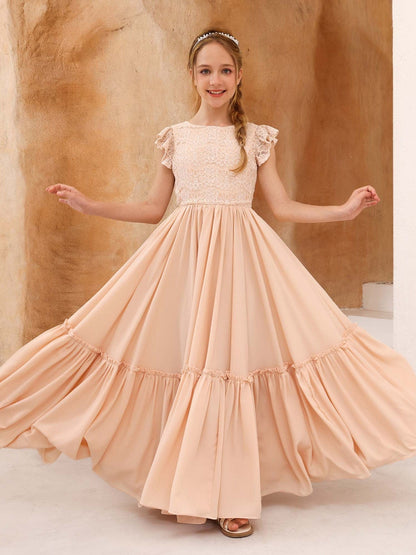 A-Line/Princess Lace Short Sleeves Scoop Neck Floor-Length Junior Bridesmaid Dresses