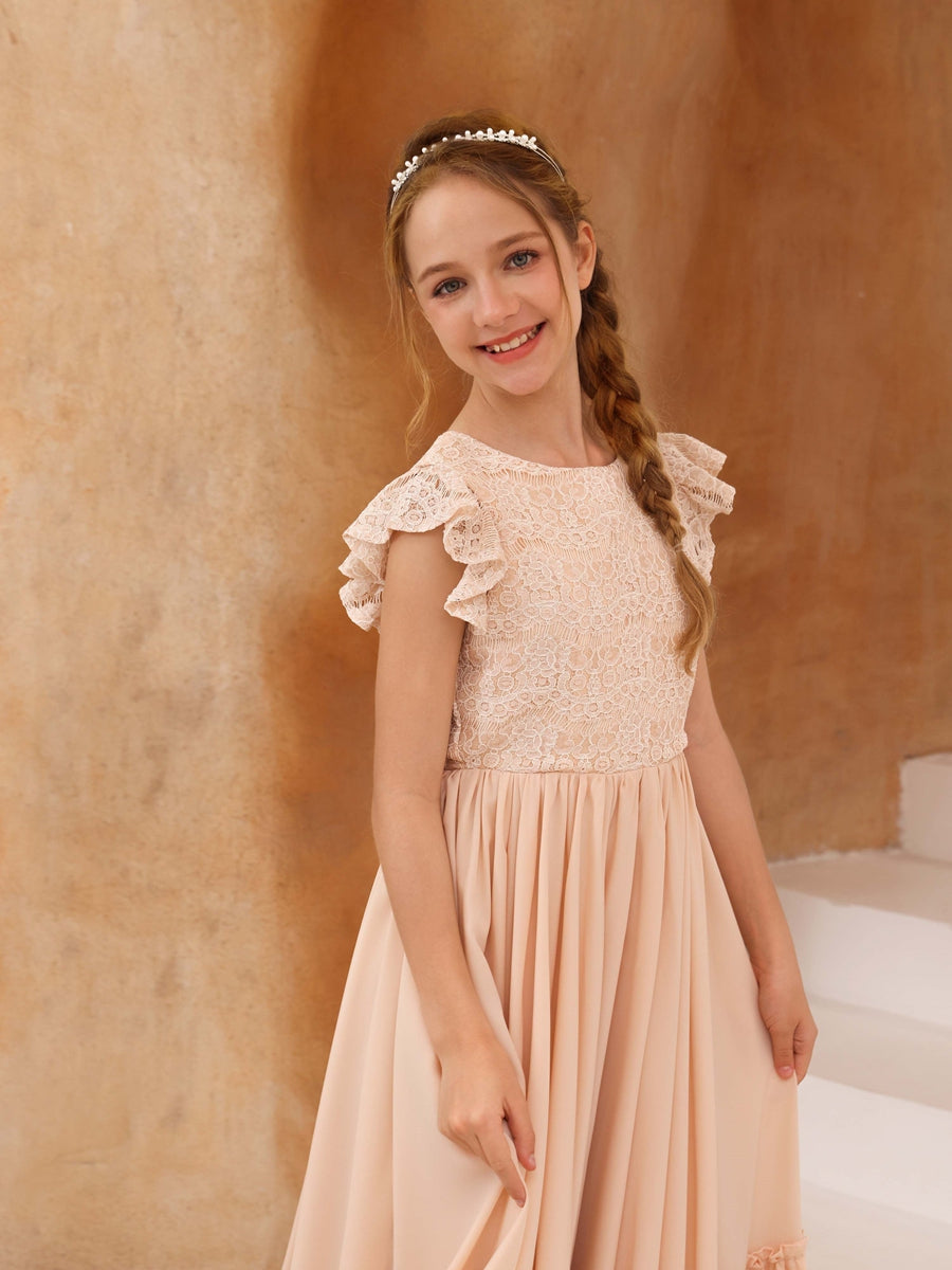 A-Line/Princess Lace Short Sleeves Scoop Neck Floor-Length Junior Bridesmaid Dresses