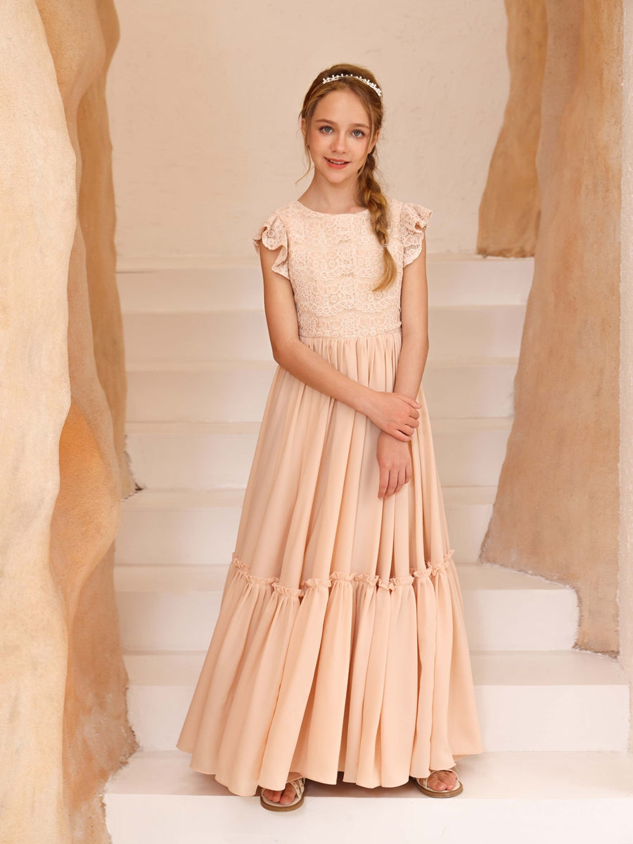 A-Line/Princess Lace Short Sleeves Scoop Neck Floor-Length Junior Bridesmaid Dresses