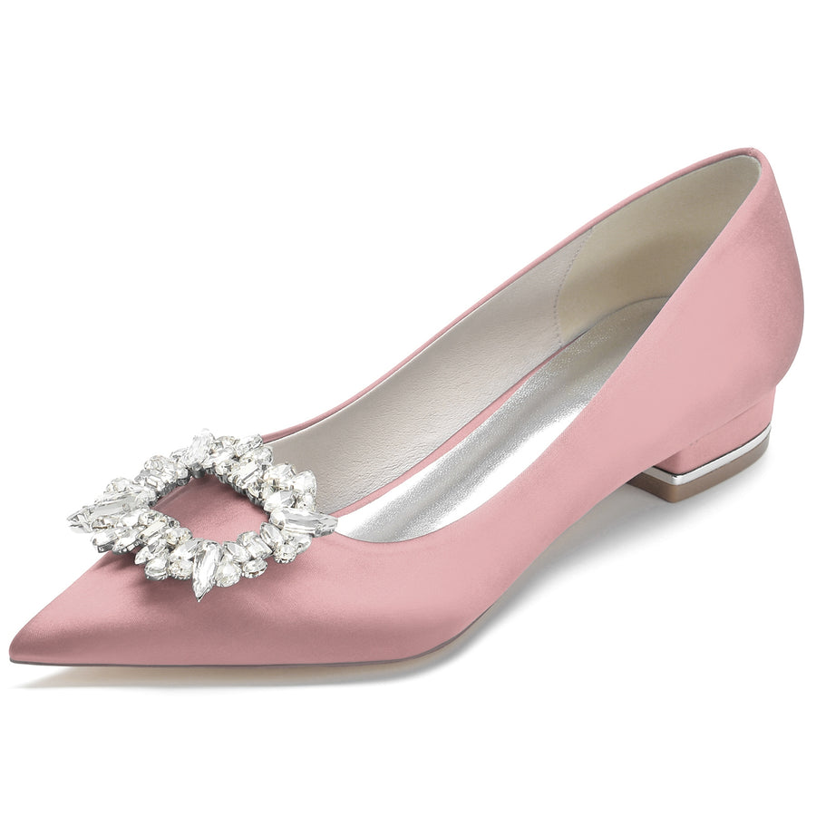 Women's Silk Satin Closed Toe With Rhinestone Flat Heel Wedding Shoes