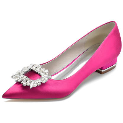 Women's Silk Satin Closed Toe With Rhinestone Flat Heel Wedding Shoes