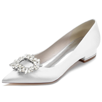 Women's Silk Satin Closed Toe With Rhinestone Flat Heel Wedding Shoes