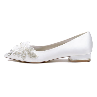 Women's Silk Satin With Flower Pearl Rhinestone Closed Toe Flat Heel Party Shoes