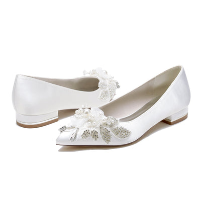 Women's Silk Satin With Flower Pearl Rhinestone Closed Toe Flat Heel Party Shoes