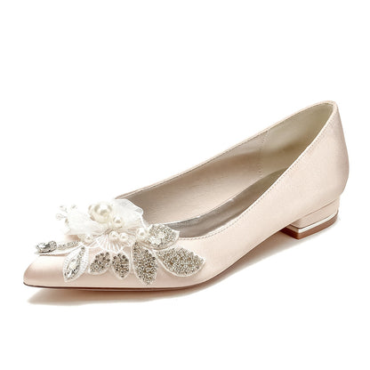 Women's Silk Satin With Flower Pearl Rhinestone Closed Toe Flat Heel Party Shoes