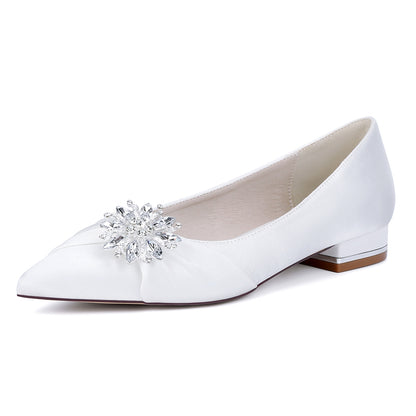 Women's Silk Satin Closed Toe With Rhinestone Flat Heel Wedding Shoes