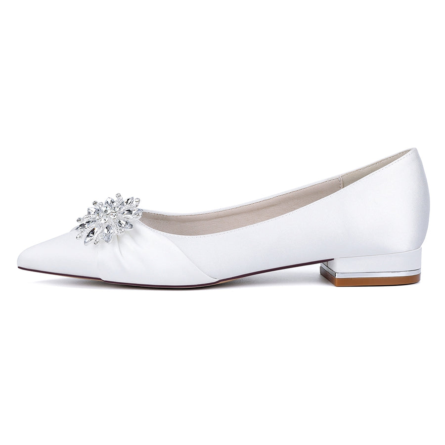 Women's Silk Satin Closed Toe With Rhinestone Flat Heel Wedding Shoes