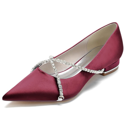 Women's Silk Satin With Closed Toe Rhinestone Flat Heel Wedding Shoes