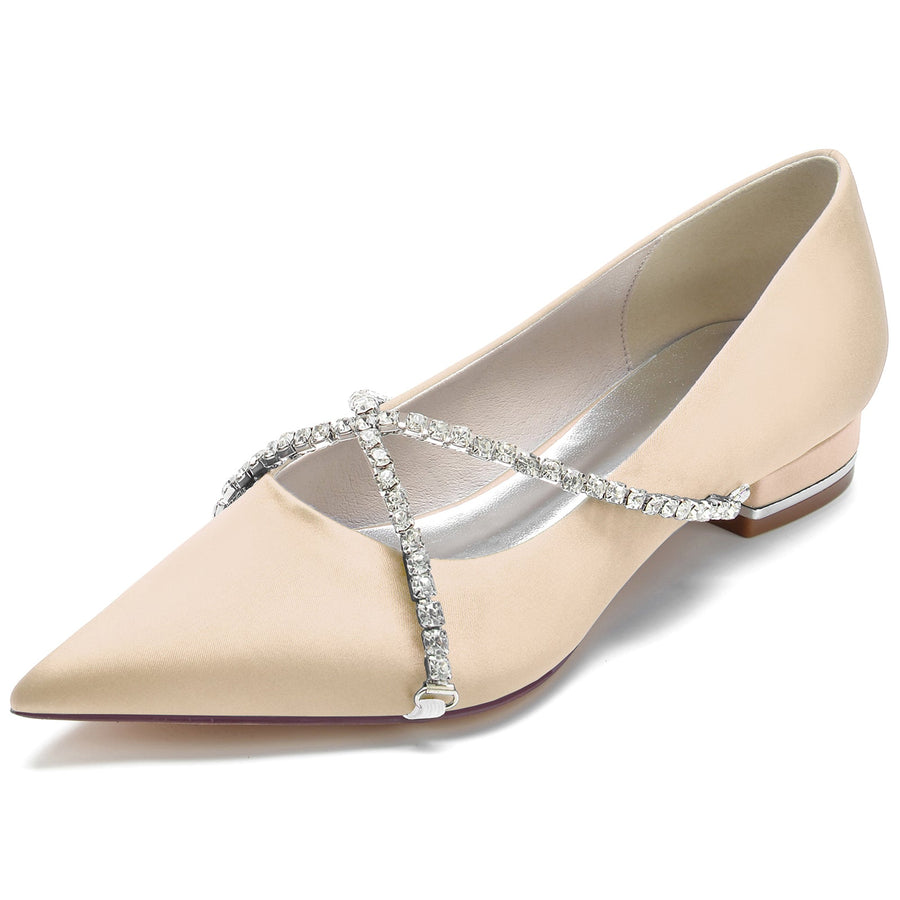 Women's Silk Satin With Closed Toe Rhinestone Flat Heel Wedding Shoes