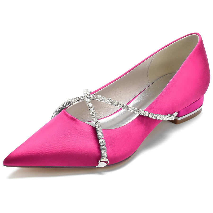 Women's Silk Satin With Closed Toe Rhinestone Flat Heel Wedding Shoes