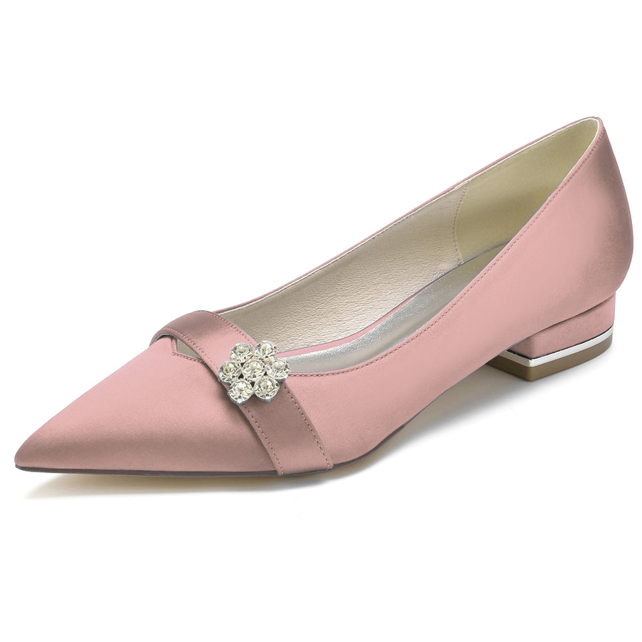 Women's Flower Silk Satin With Rhinestone Closed Toe Flat Heel Wedding Shoes