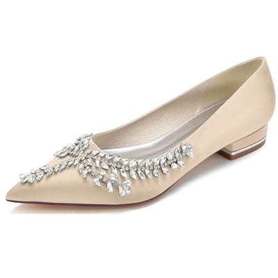 Women's Silk Satin Flat Heel With Closed Toe Rhinestone Wedding Shoes