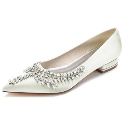 Women's Silk Satin Flat Heel With Closed Toe Rhinestone Wedding Shoes