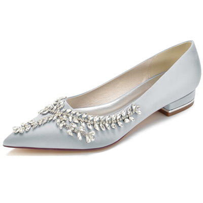 Women's Silk Satin Flat Heel With Closed Toe Rhinestone Wedding Shoes