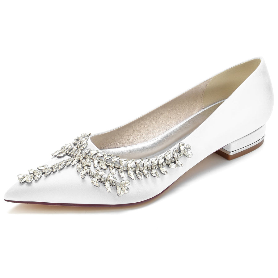 Women's Silk Satin Flat Heel With Closed Toe Rhinestone Wedding Shoes