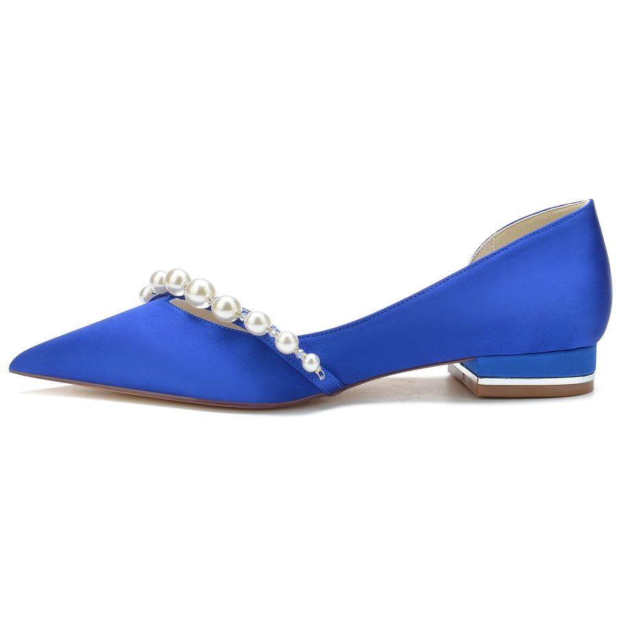 Women's Silk Satin With Pearl Closed Toe Flat Heel Wedding Shoes